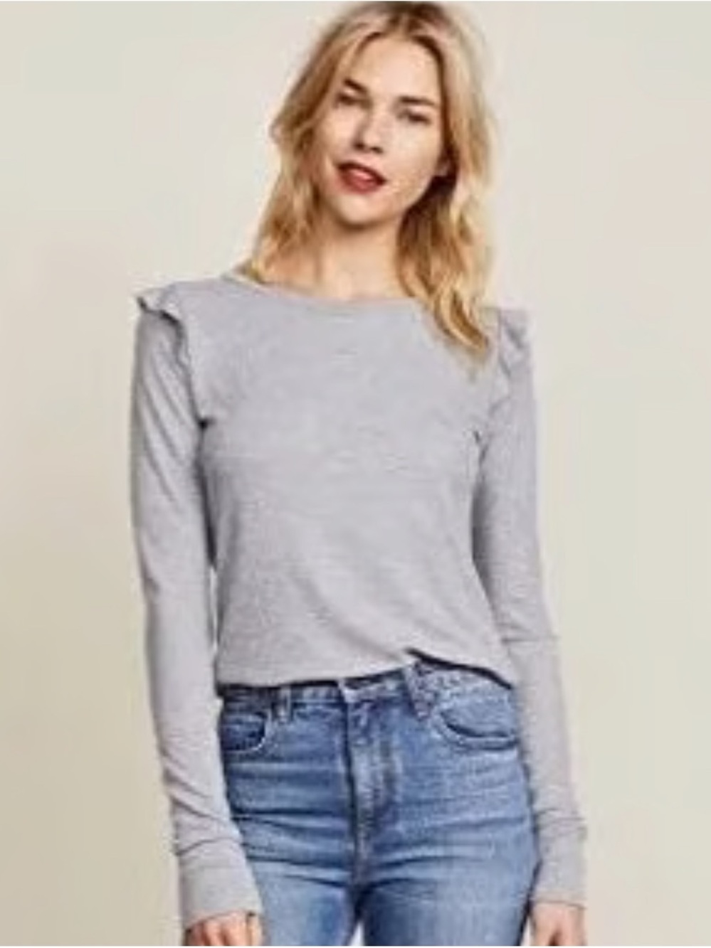 Wildfox Gray Ruffle-Shoulder Ribbed Long Sleeve Top